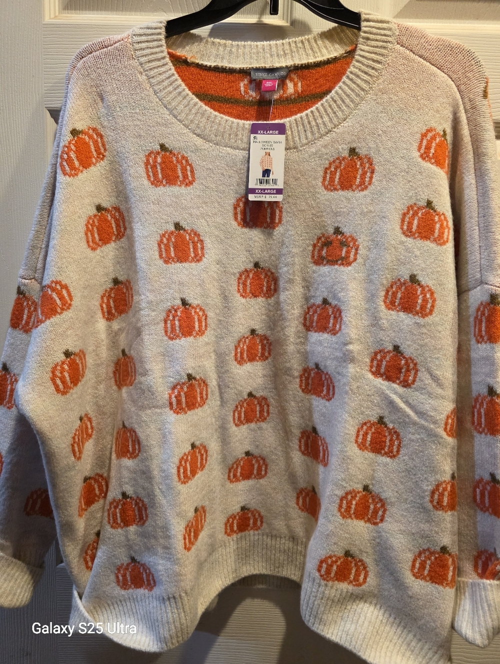 Vince Camuto Cream Crewneck Sweater with Orange Pumpkin Motif